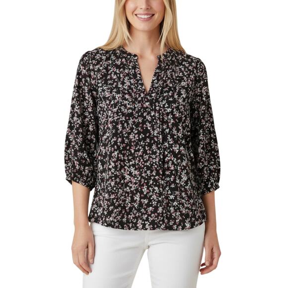 41 Hawthorn Split Neck Blouse Black Floral 3/4 Sleeve NWT Size Medium - Picture 1 of 8